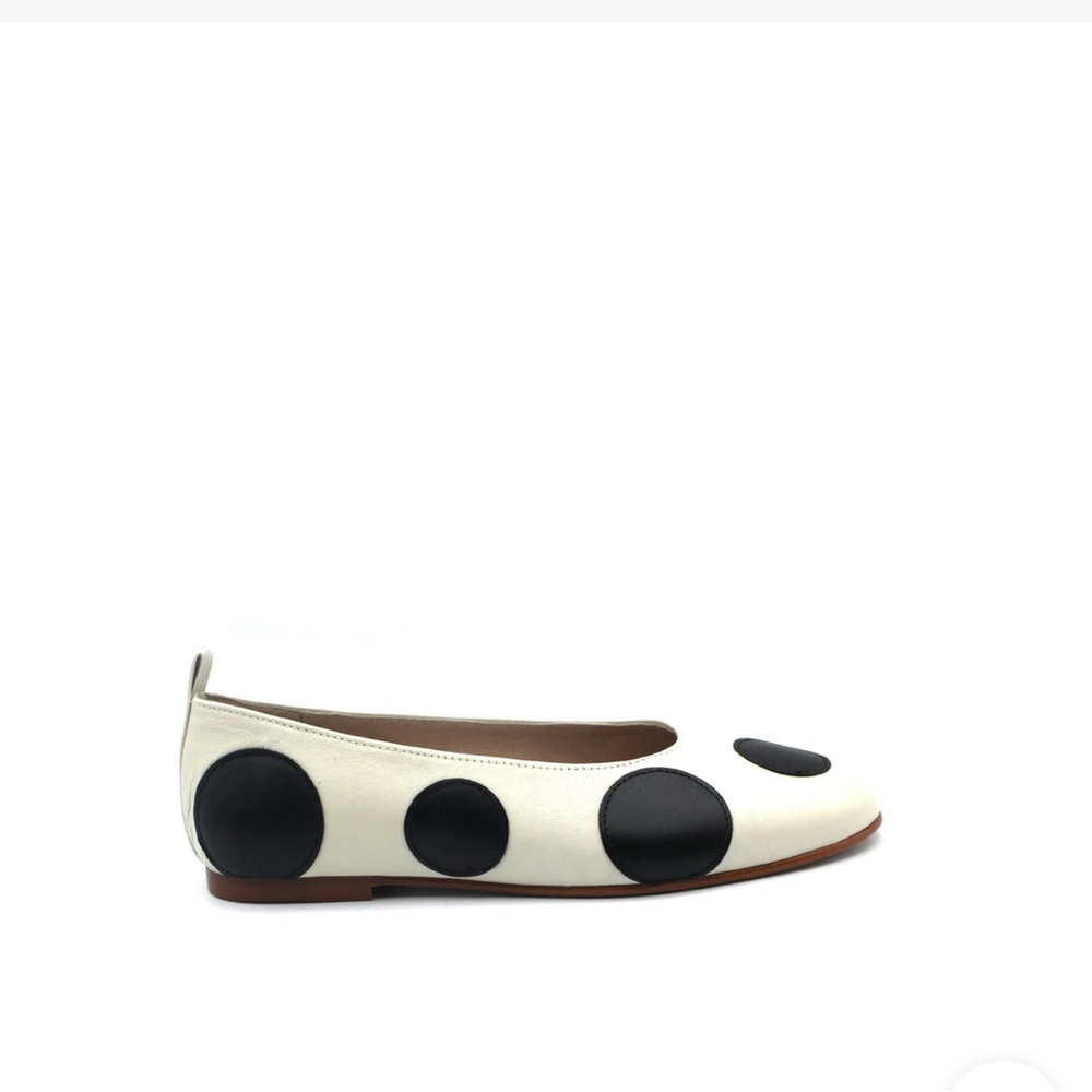 Women's White Ballet Flat with Black Polka Dot Accents